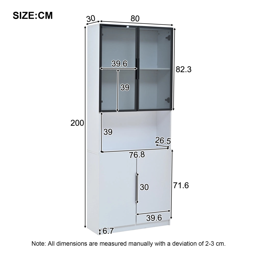 Vetrina moderna in legno truciolare con porte in vetro, LED regolabile, 80x30x200 cm, bianca