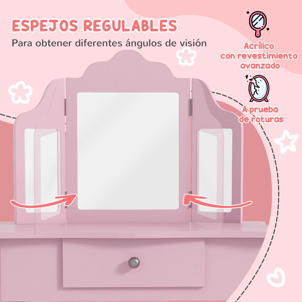 Tocador per bambini con cassetto e specchio regolabile ¨C zephmum ¨C rosa 3-6 anni