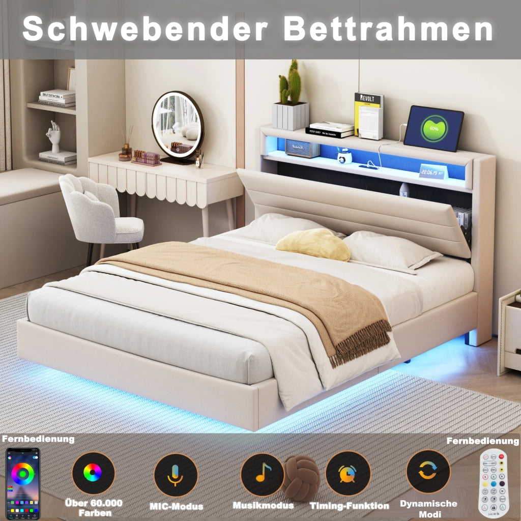 DESMIU Letto matrimoniale 160 × 200 cm con USB, LED regolabile, testiera reversibile e vano, senza materasso, beige