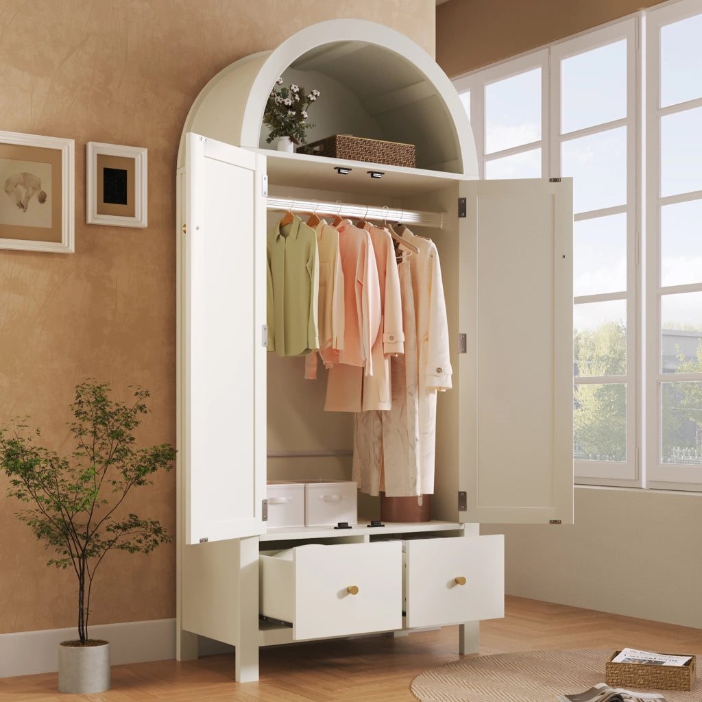 Armadio Guardaroba Bianco 78×45×181 cm con Ante in Rattan; Cassetti; Barra Appendabiti e Design Country Chic