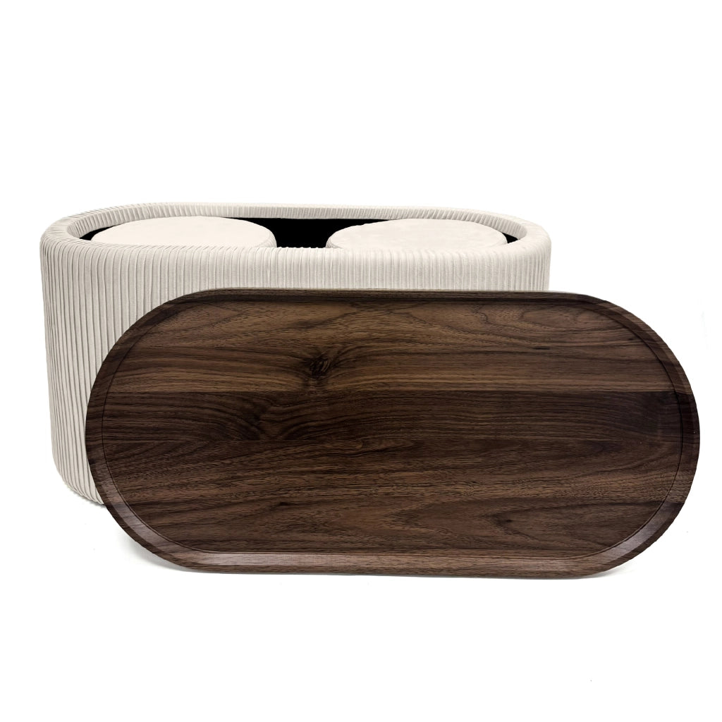 Set 3 Pouf Contenitore con Tavolino da Salotto Ovale in Velluto e Coperchio in Legno, 2 Pouf Interni Salvaspazio, Tavolino Contenitore Moderno, Seduta Imbottita Beige