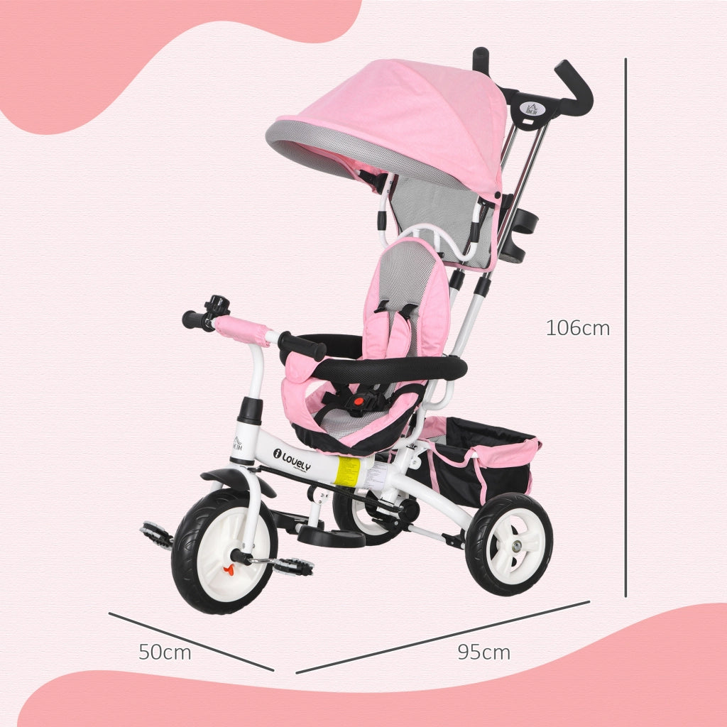 Triciclo 6-in-1 con maniglia, tettuccio e cestino ¨C Xylo ¨C Rosa, 1-5 anni