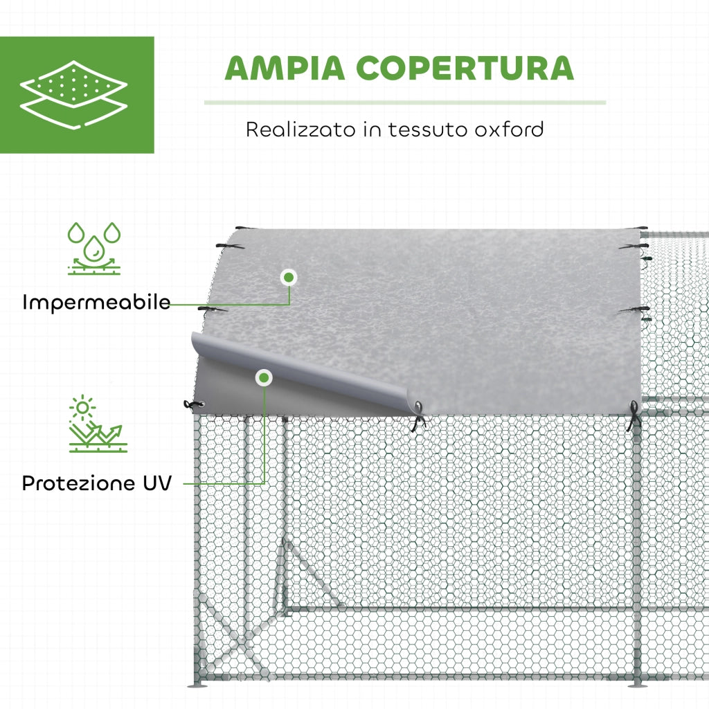 Recinto per Galline in Metallo Galvanizzato con Tetto e Copertura Anti UV, 280x380x197 cm, Argento