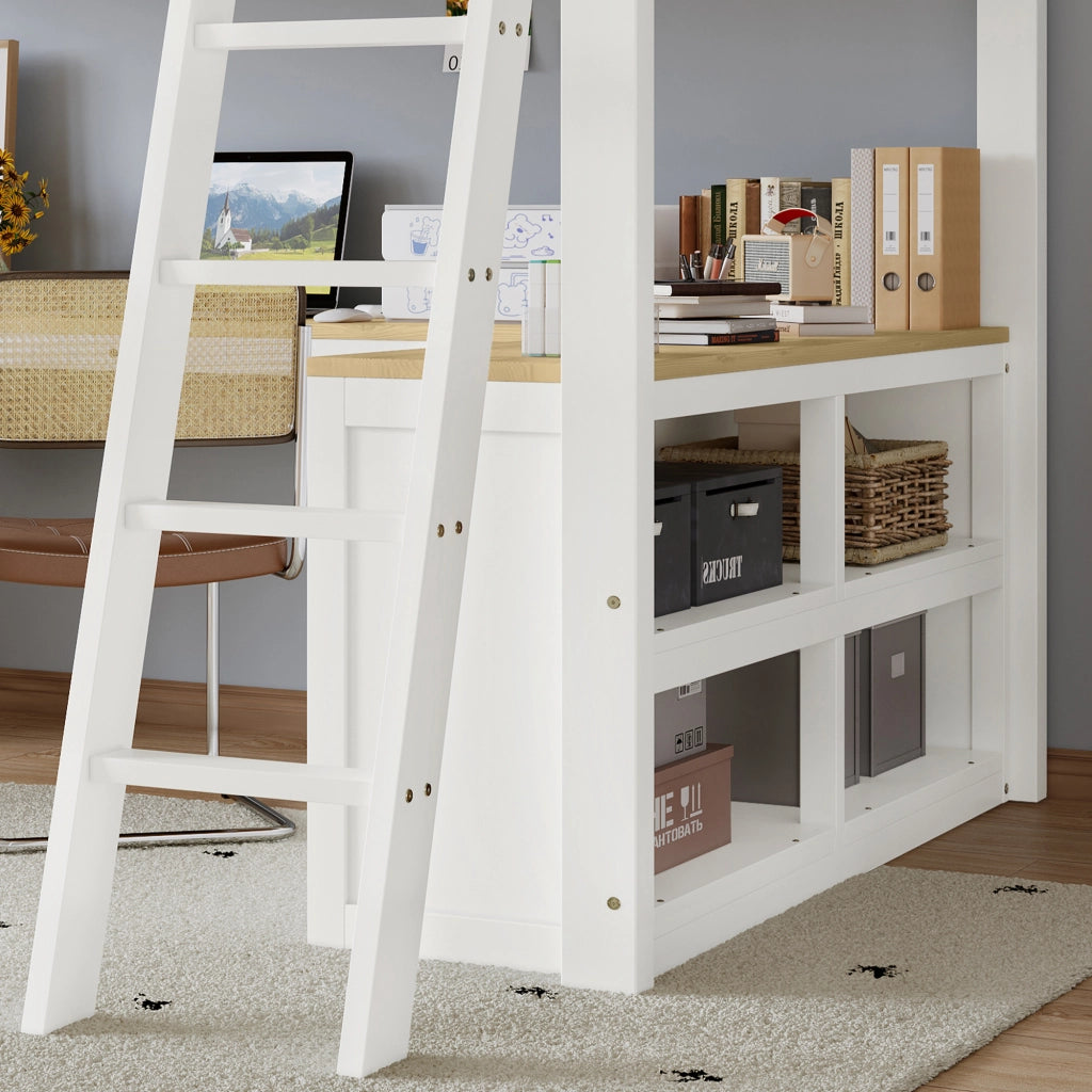 Letto a soppalco 140 × 200 cm 2 posti con tavolo a U; 2 cassetti e scaffale; senza materasso; bianco e naturale