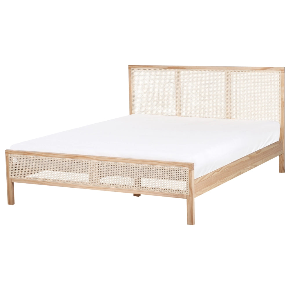 Letto in legno di pino marrone chiaro 160 x 200 cm matrimoniale con testata a treccia viennese a doghe stile rustico minimalista