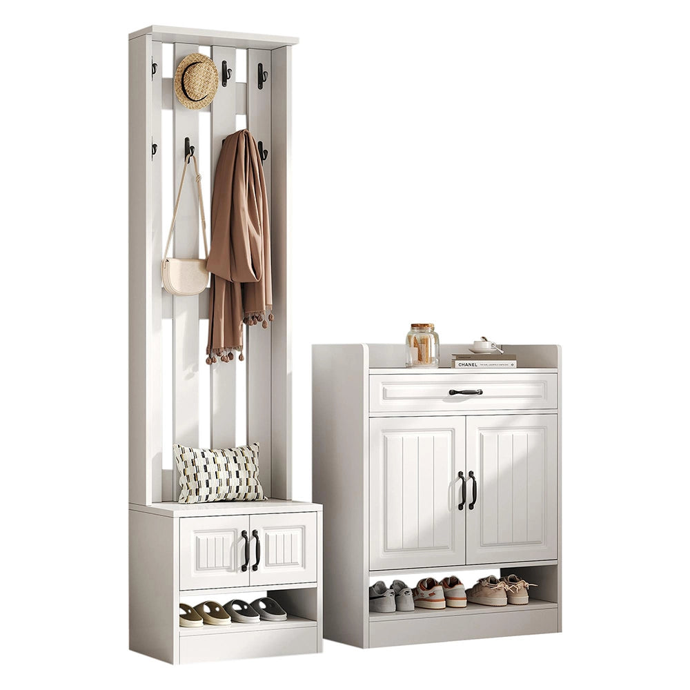 Set ingresso completo - Xylo - con armadio, panchina e appendiabiti, 8 ganci, 4 ante, 1 cassetto, 125x36x190 cm