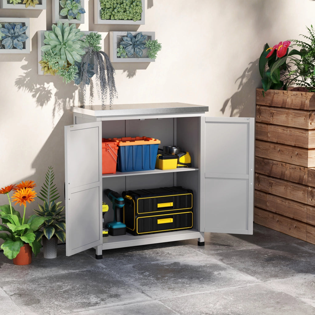 Casetta da giardino in legno, per esterni, resistente alle intemperie, con piano di lavoro, doppie ante, ripiano, armadietto porta attrezzi,