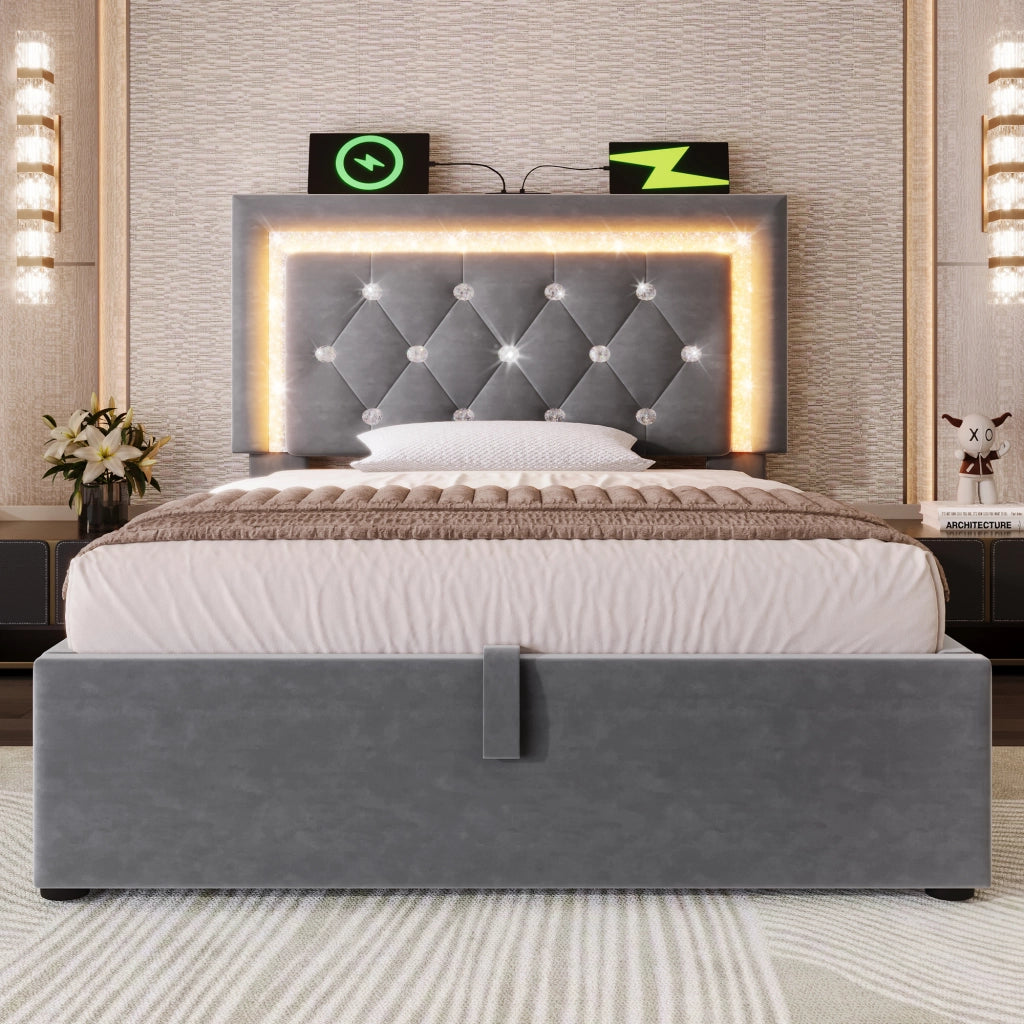 Letto imbottito idraulico con luci LED e porta USB 90x200 cm velluto grigio