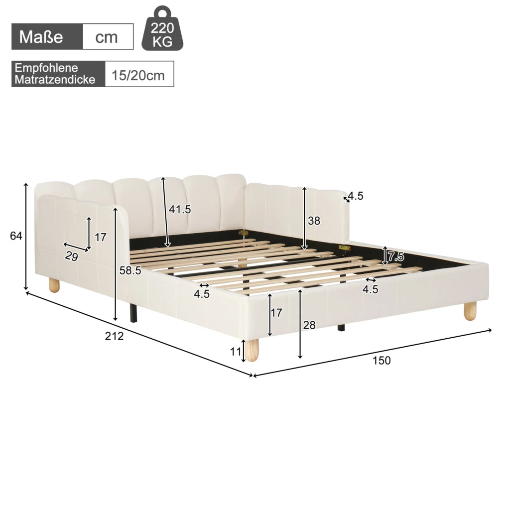 Letto imbottito per bambini in velluto beige con rete a doghe e tasche laterali