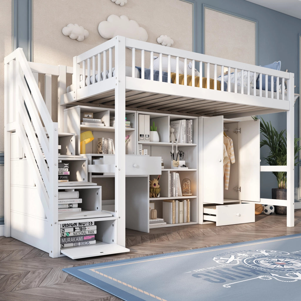 Letto a Soppalco Singolo 90x200 cm con Scrivania; Scale e Armadio in Legno Bianco