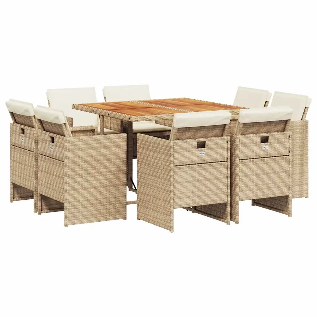 Set da Pranzo da Giardino 9 pz con Cuscini Beige in Polyrattan