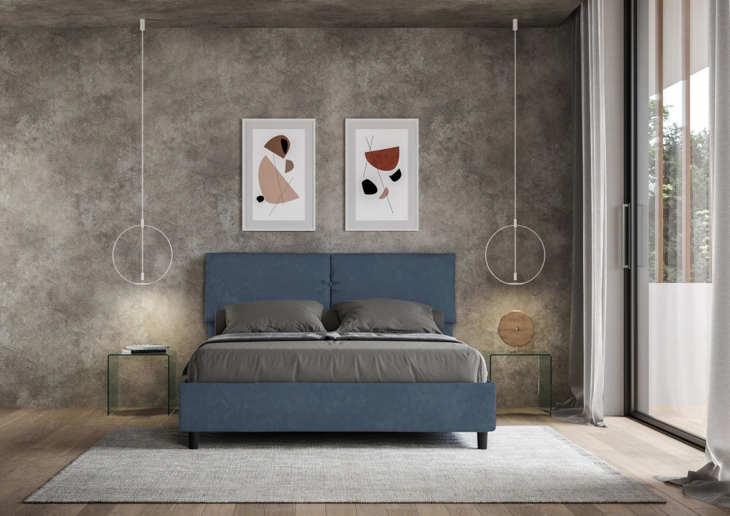 BS COM Letto matrimoniale contenitore imbottito 160x200 microfibra blu