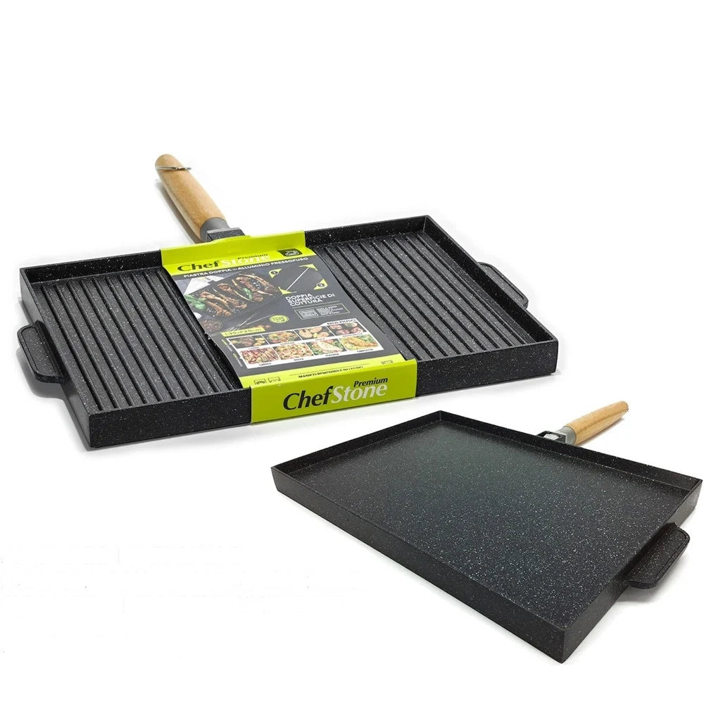 Trade Shop - Piastra Doppia Bistecchiera Antiaderente In Alluminio Doppio Lato Cottura Manico Rimovibile -