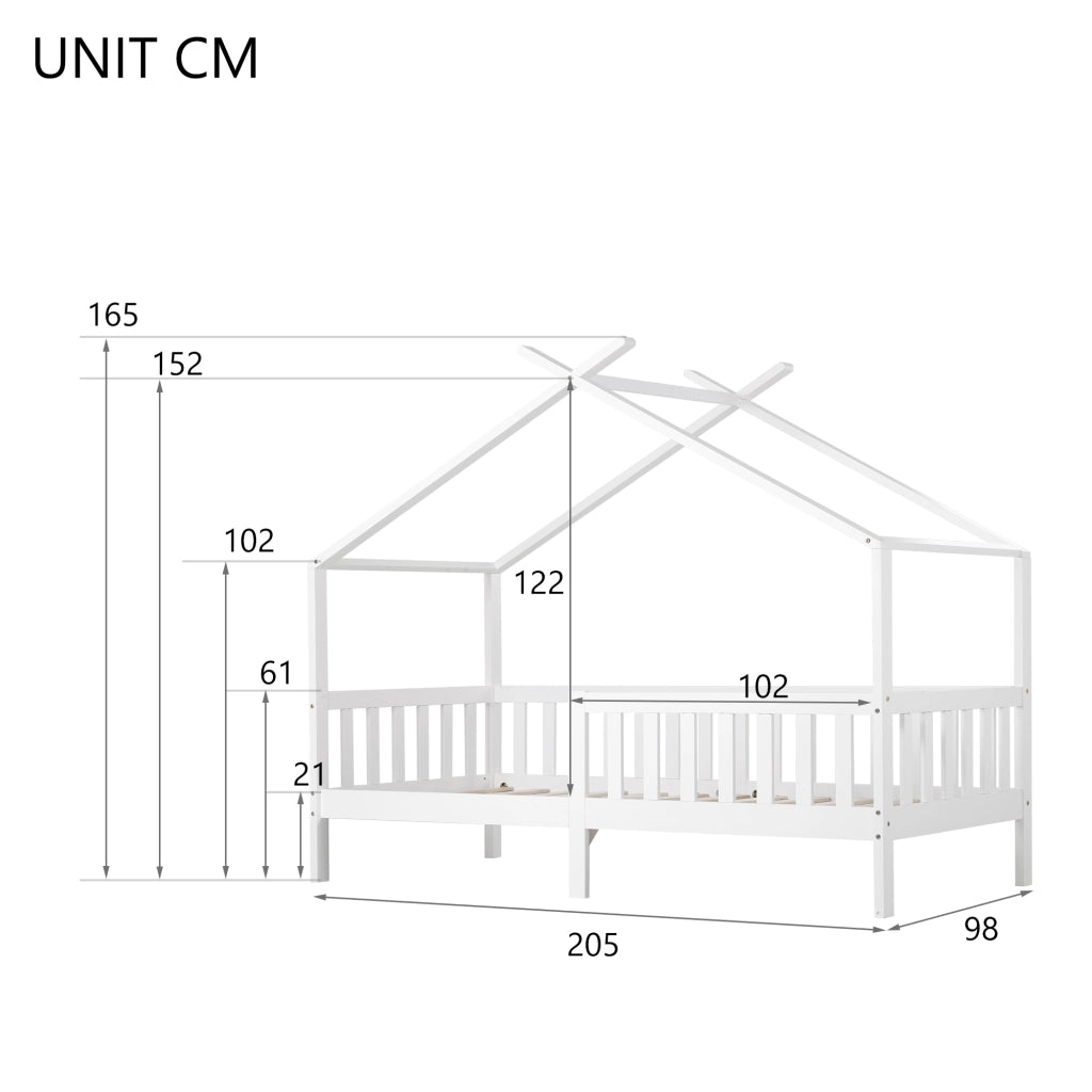 Letto casetta bambino 90×200 cm; con barriera di sicurezza e spazio sotto il letto; senza materasso; in legno massiccio bianco