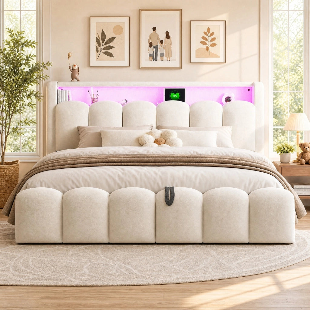 LETTO 180x200 cm in velluto beige con LED, USB-C e vano contenitore