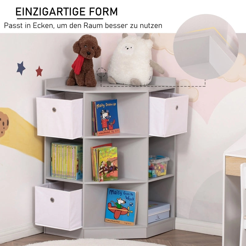 Scaffale angolare per bambini con 3 contenitori, per riporre i giocattoli di bambini dai 3 ai 12 anni, grigio, 57,4 x 57,4 x 94 cm