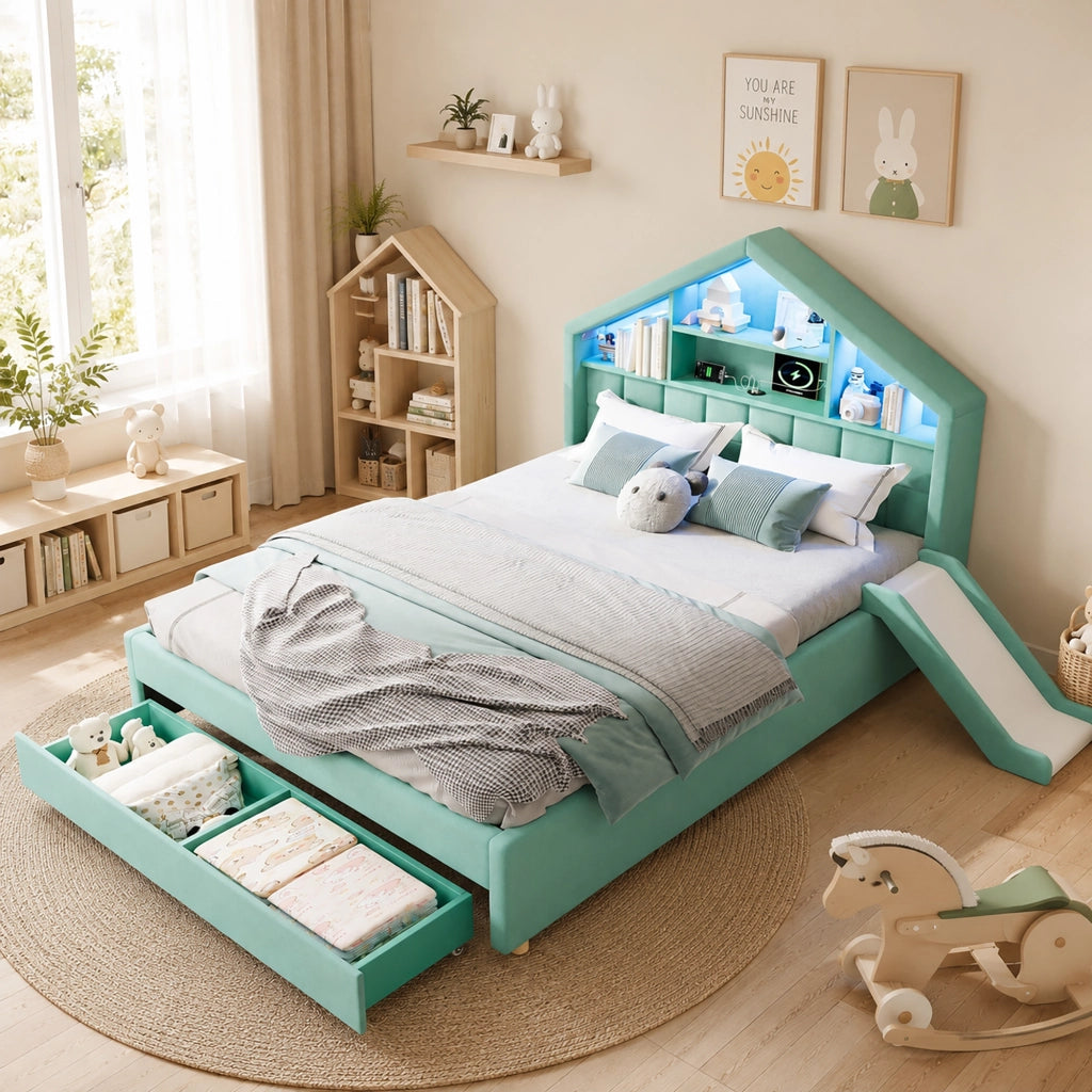 letto per bambini velluto blu verde 140x200 cm