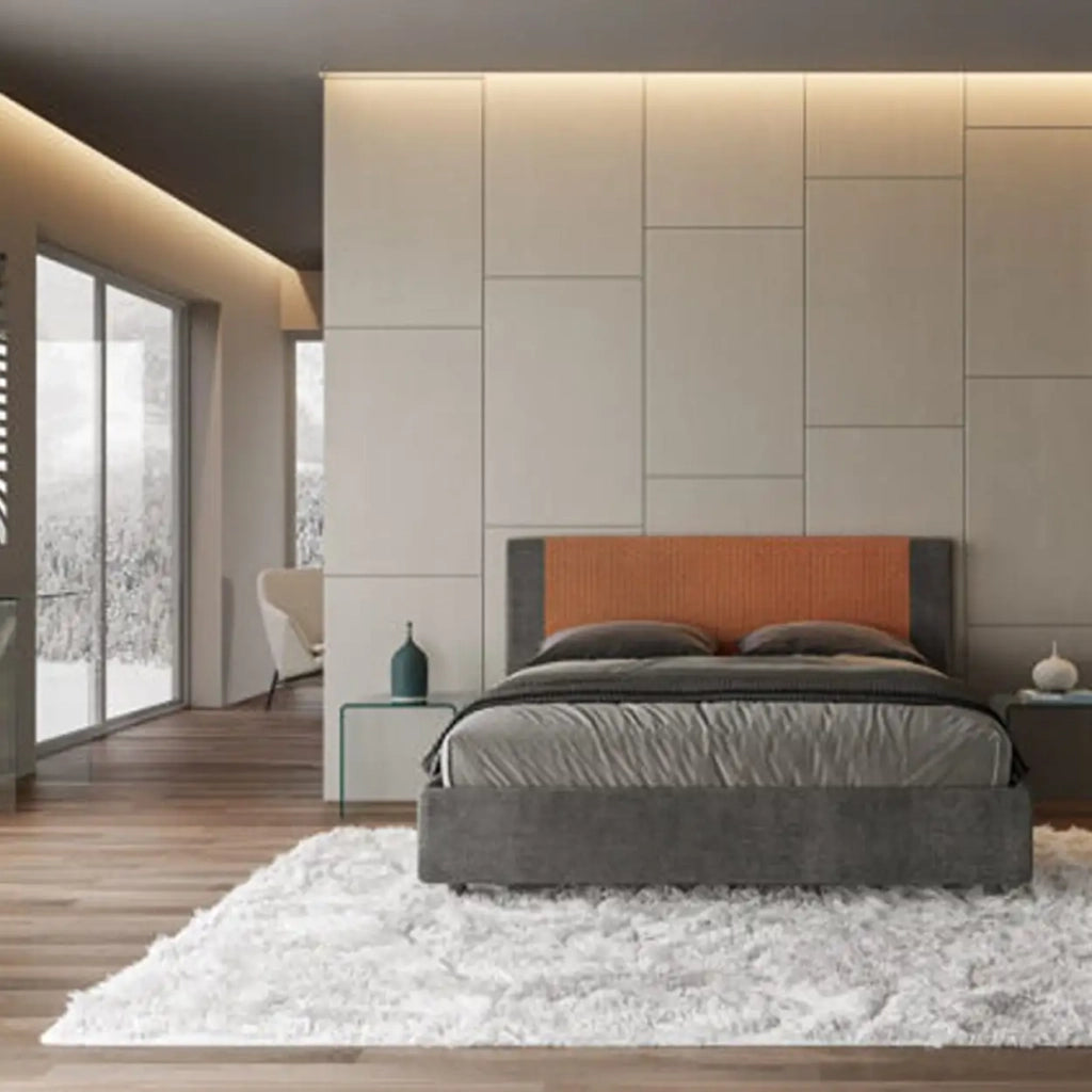 Letto matrimoniale con rete imbottito 160x210 tessuto Labirinto 4 arancio Rosal