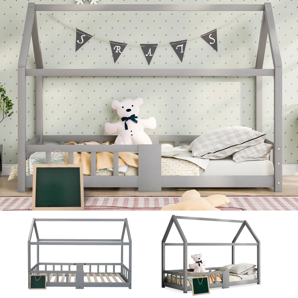 Letto a casetta per bambini 90 x 200 cm, letto in legno per cameretta con lavagna, rete a doghe e sponda di sicurezza, in legno di pino, grigio (senza