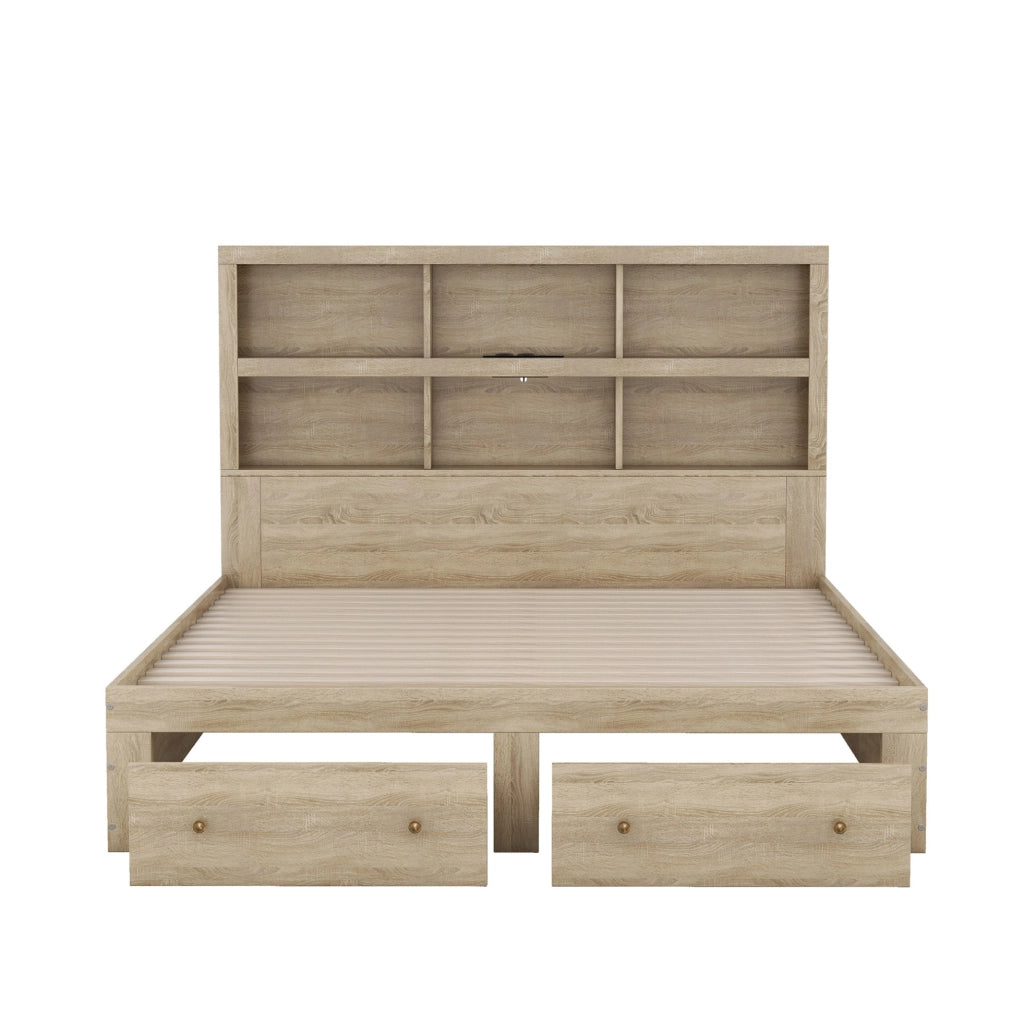 Letto matrimoniale 160x200 cm in truciolare naturale con testiera contenitore; USB e 2 cassetti