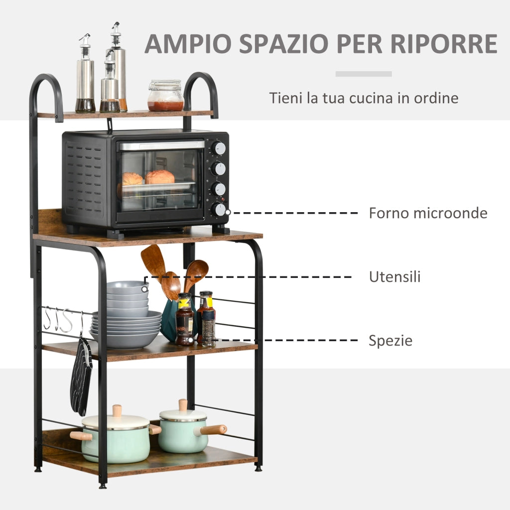 Mobiletto per Microonde, Scaffale da Cucina a 4 Ripiani e 4 Ganci, Mobile Cucina in Acciaio e Legno 60x40x125cm, Marrone Rustico