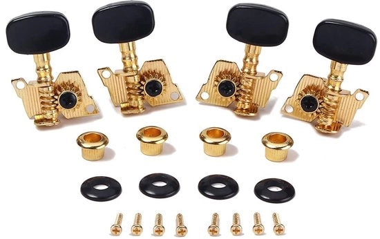 Meccanica di accordatura chitarra in acciaio dorato/nero - 4 corde - Open Gear - Geared standard - Inclusi viti - Adatto per ukulele - Meccanica di accordatura