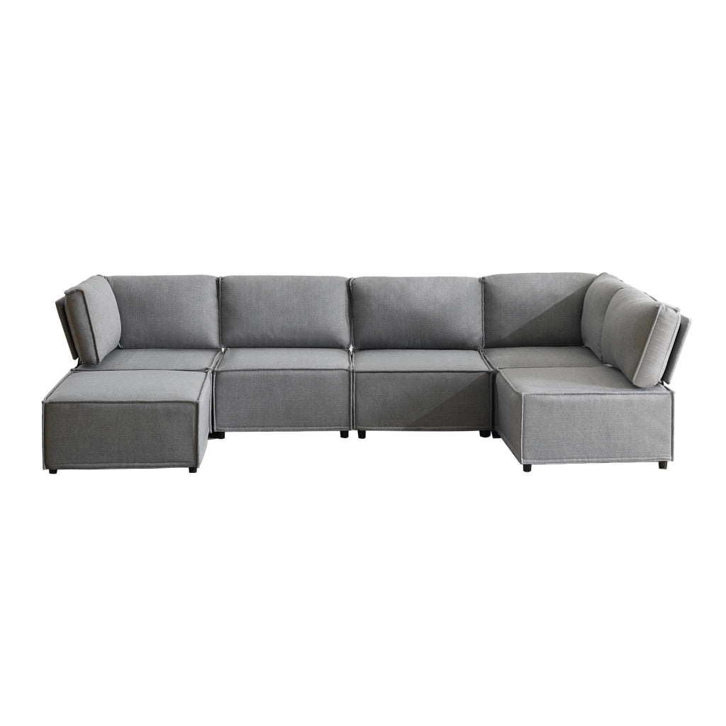 Divano Modulare 5 Posti con Legno ¨C MINIMAL ¨C Tessuto Grigio Chiaro