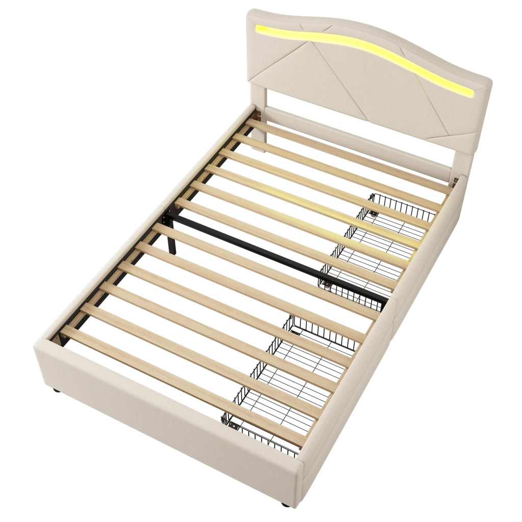 OKWISH Letto Singolo 90×200 cm con LED Regolabile, 2 Cassetti e Testiera Regolabile, senza Materasso, in Lino, Beige
