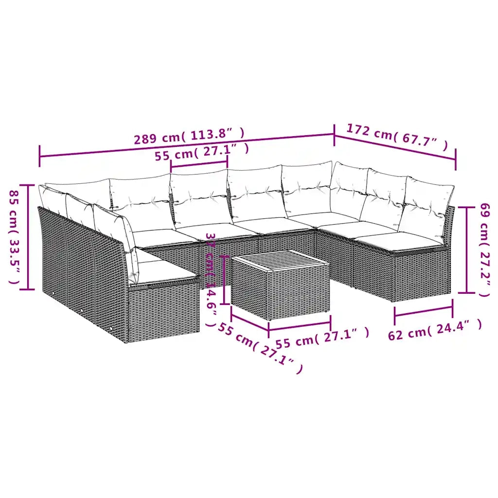 Set Divani da Giardino 10 pz con Cuscini Grigio in Polyrattan 3256124