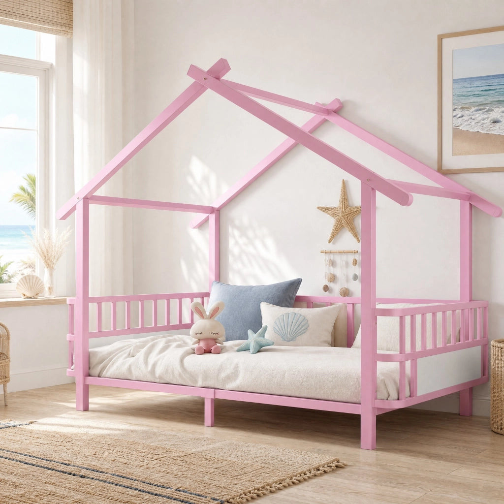 Letto casetta 90×200 cm; letto per bambini con barriera di sicurezza; struttura a tetto; senza materasso; metallo rosa