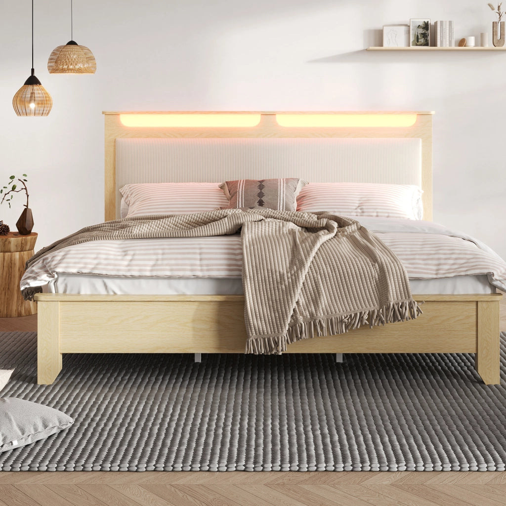 Letto matrimoniale in legno - Zephmum- 160¡Á200cm- Quercia chiara- Testiera con LED e ripostiglio