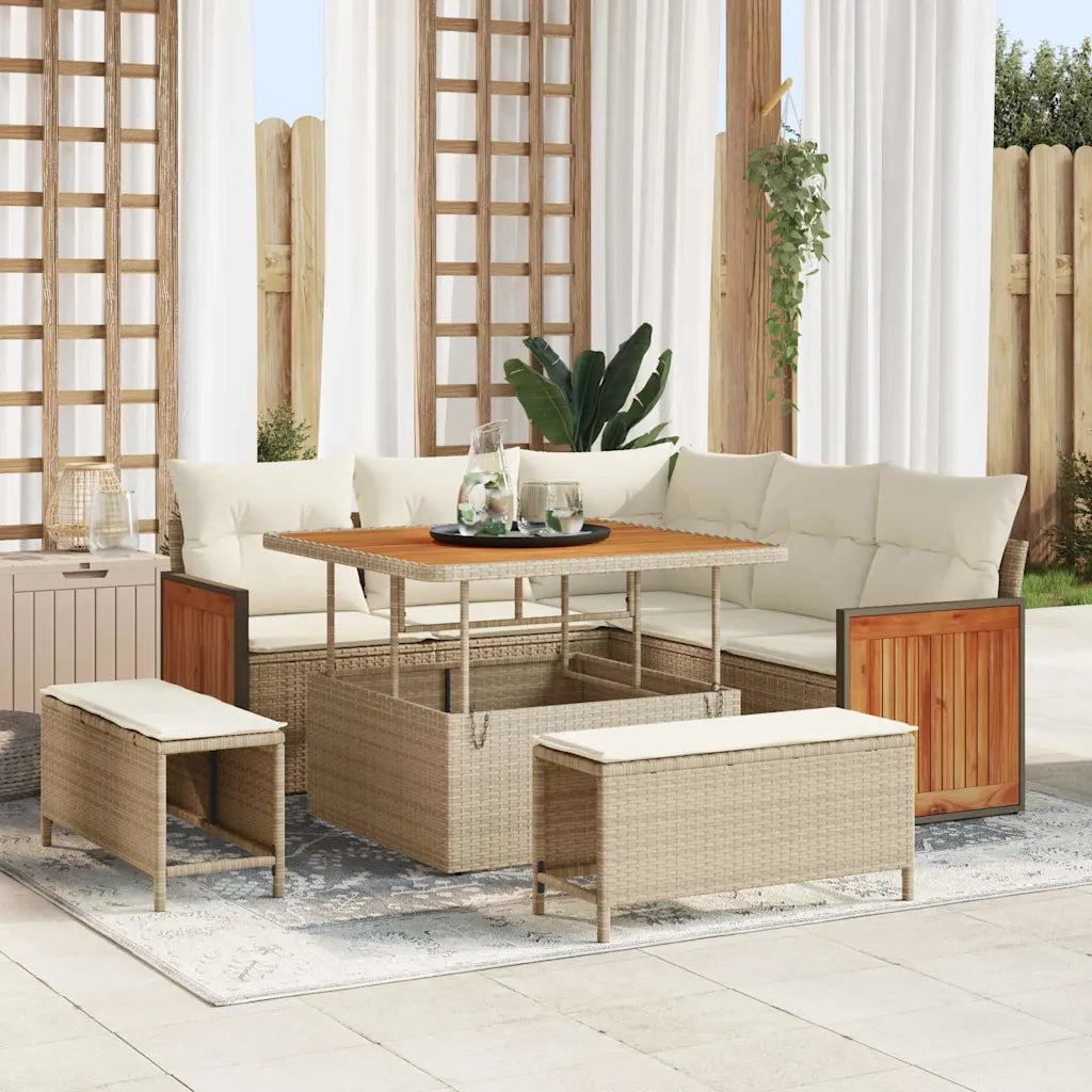 Set Divano da Giardino 9 pcs Beige e Crema polyrattan