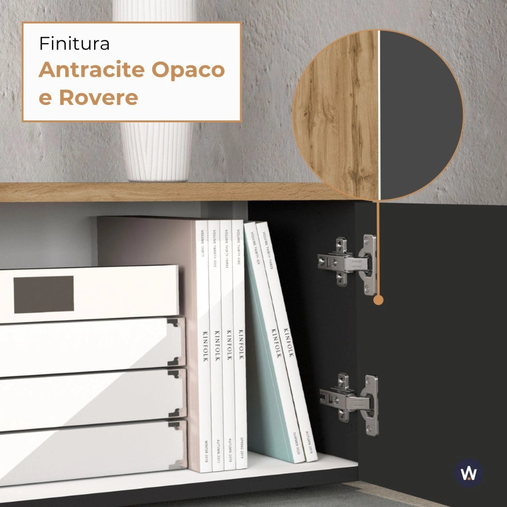 WHOUS Mobile porta TV sospeso Iseo con 2 ante e 1 ribalta antracite opaco e rovere 200x35x30 cm