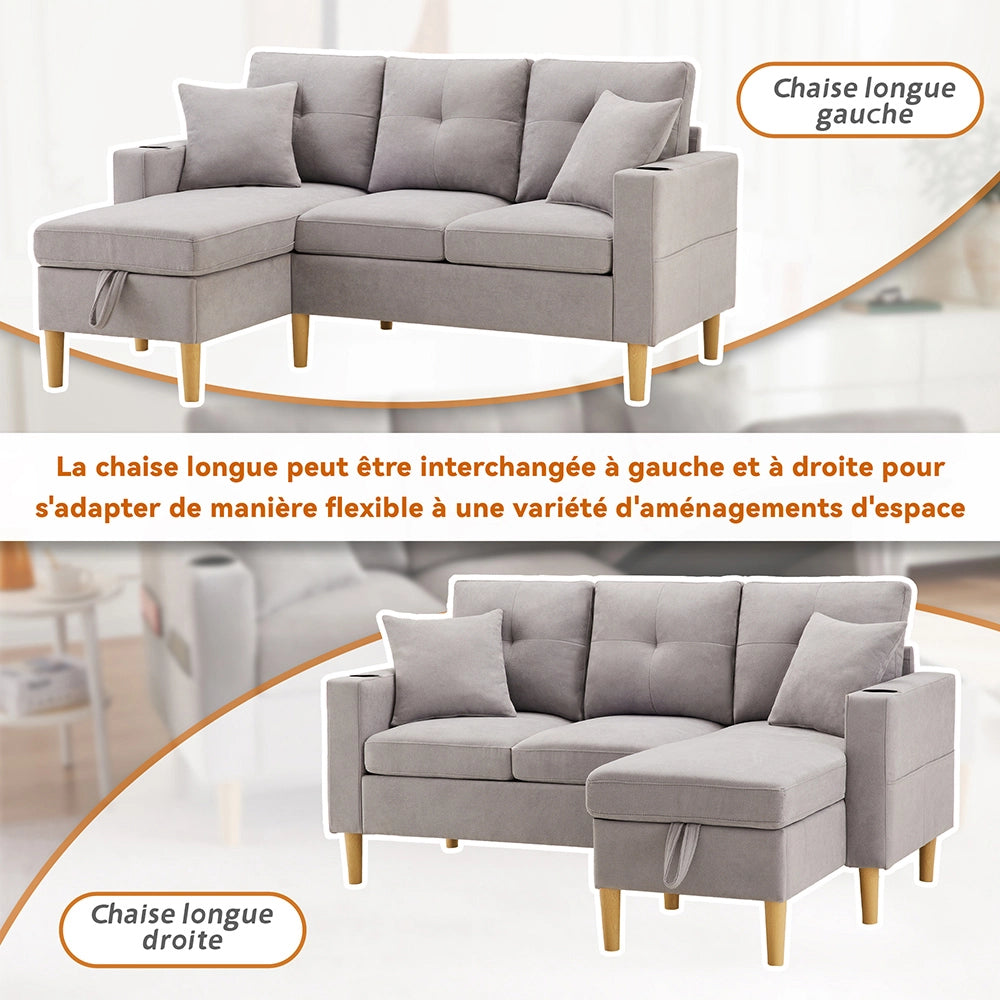 Divano L - Xylo - 3 posti con chaise longue porta-bicchieri