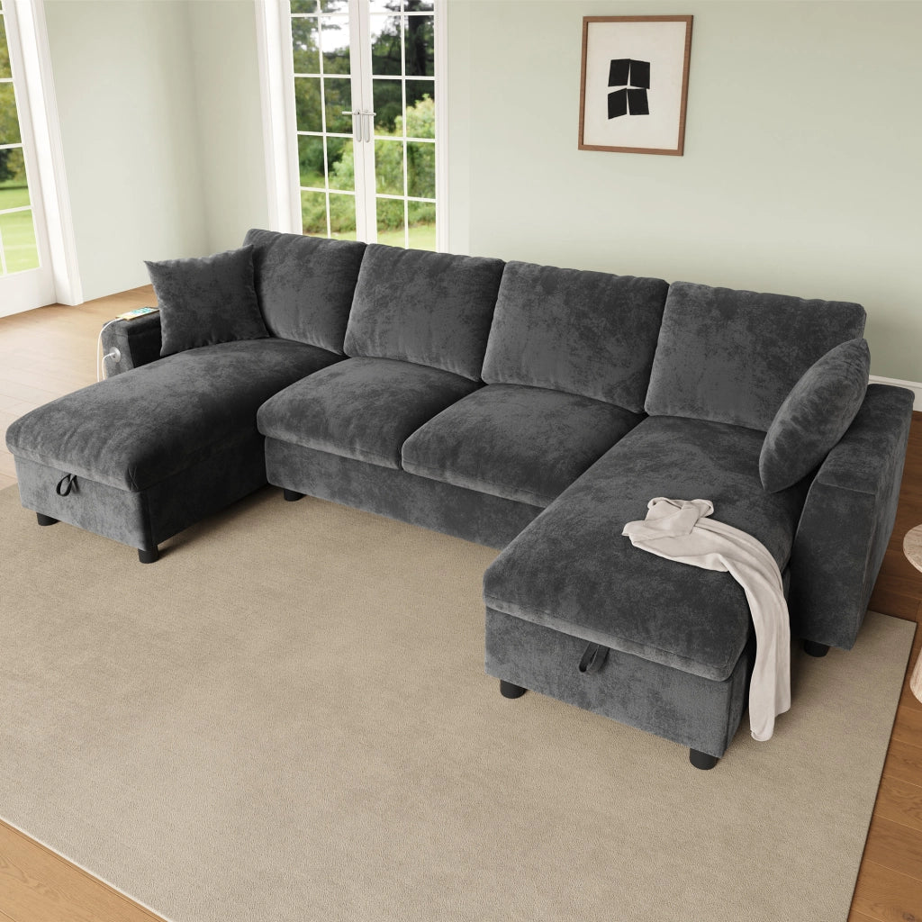 DIVANO U con chaise longue, 279x135x84 cm, Chenille Grigio, USB e Type-C