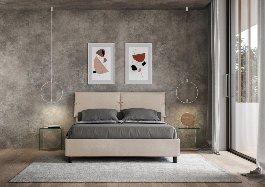 BS COM Letto matrimoniale con rete imbottito 160x200 microfibra sabbia