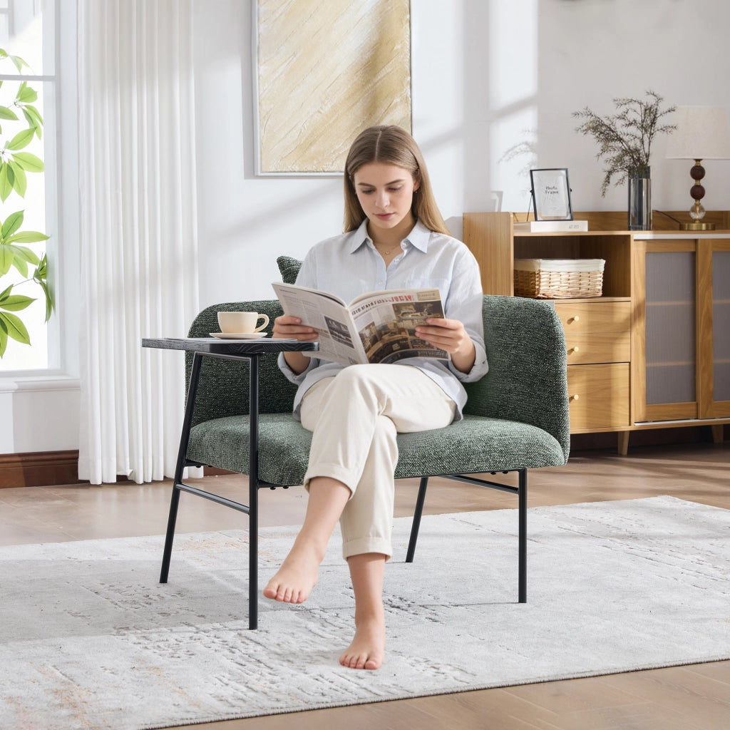 Fauteuil con tavolino laterale e tasche portaoggetti, seduta imbottita in ciniglia verde smeraldo 86 × 72 × 71 cm