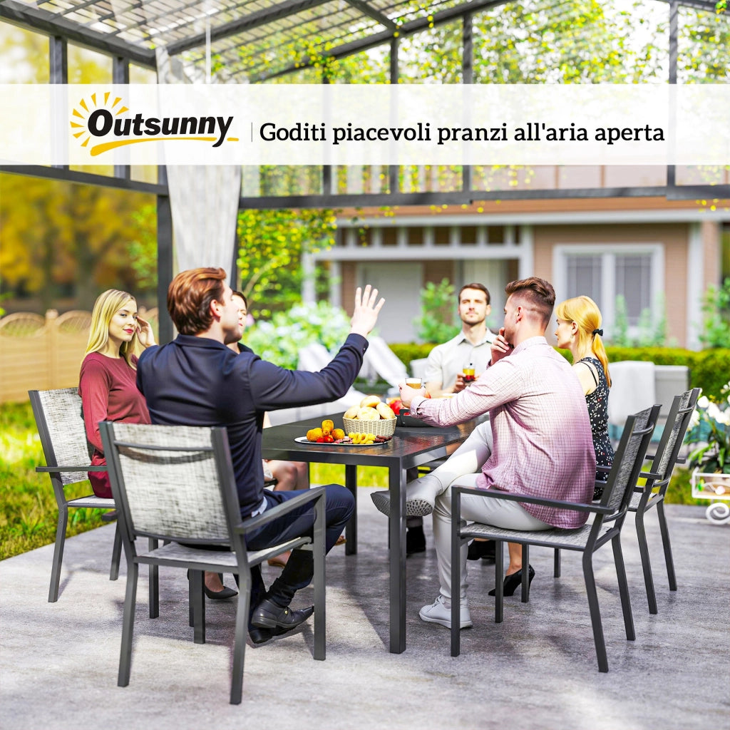 Set da Giardino 7 Pezzi con Tavolo Rettangolare e 6 Sedie Impilabili Traspiranti in Acciaio Grigio e Nero