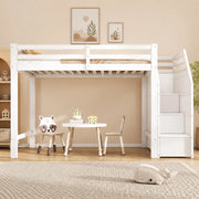 Hochbett per bambini 90x200 cm, in legno di pino, con sponde di protezione, scala con contenitore, rete a doghe, bianco