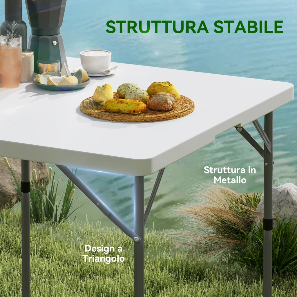 Tavolo da Campeggio 86x86x74 cm Pieghevole con 2 Altezze Regolabili in HDPE e Metallo Bianco