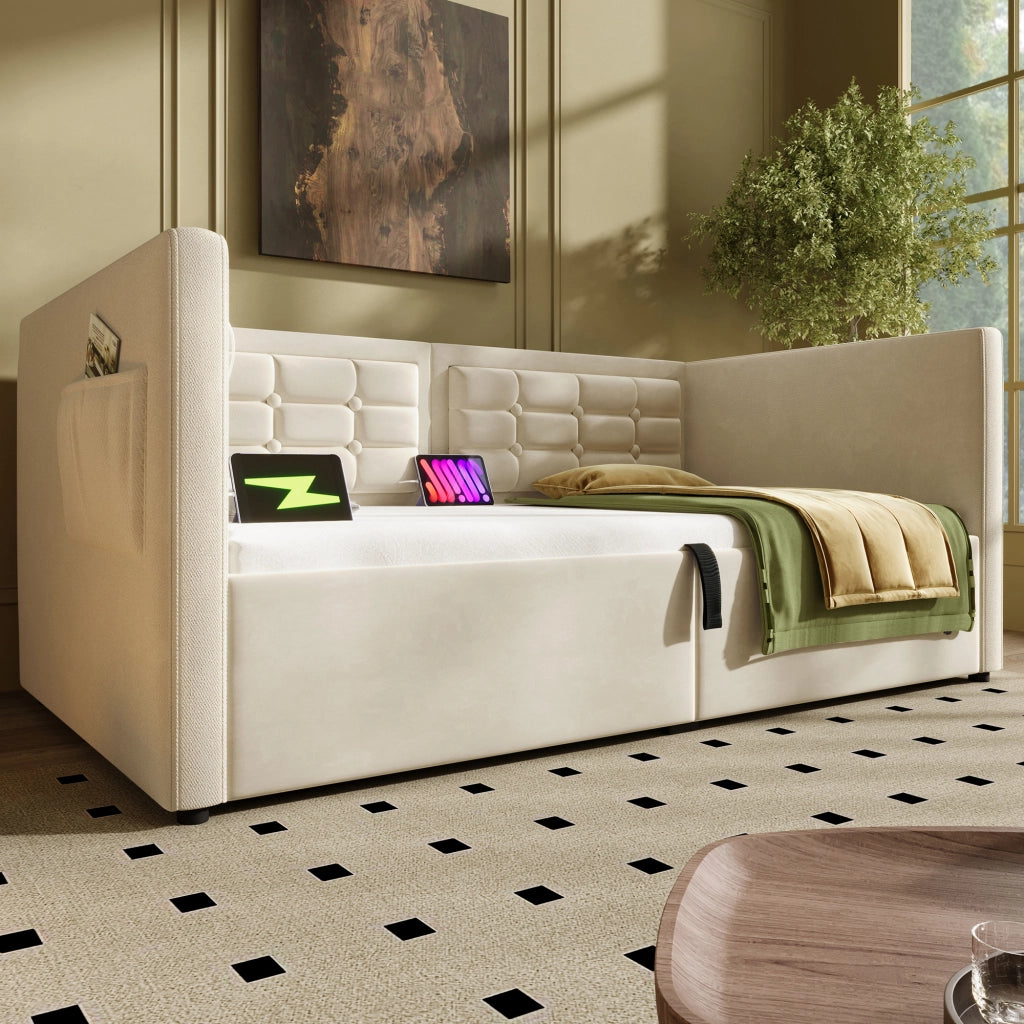 Letto a Divanetto 90 x 200 cm; Letto Singolo - Contenitore; USB e Type-C - Beige