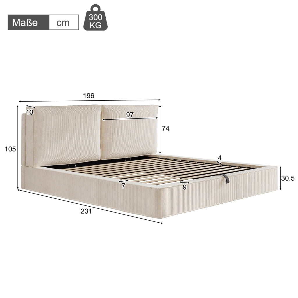 DESMIU Letto contenitore 180 × 200 cm 2 posti con vano idraulico e testiera, senza materasso, in velluto a coste beige