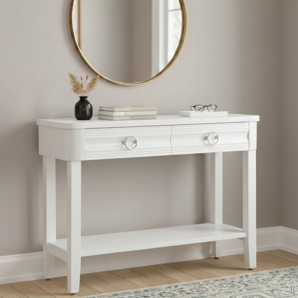 Consolle Bakar, Tavolo multiuso, Mobiletto d'appoggio, Scrivania da corridoio, 110x40 h82 cm, Bianco
