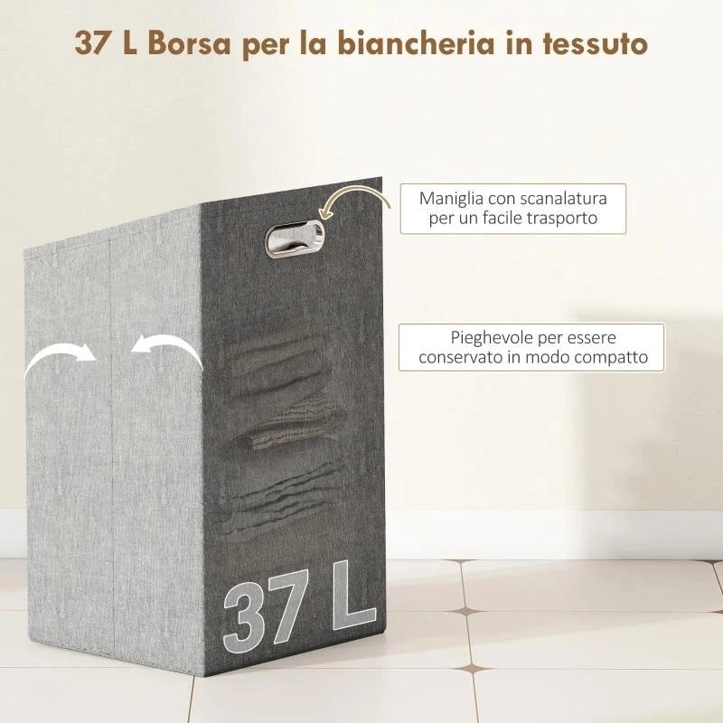MOBILE BAGNO A DOGHE CON CESTO PORTABIANCHERIA E ARMADIETTO, IN BAMB¨ E POLIESTERE, 40X30X95 CM, GRIGIO E LEGNO