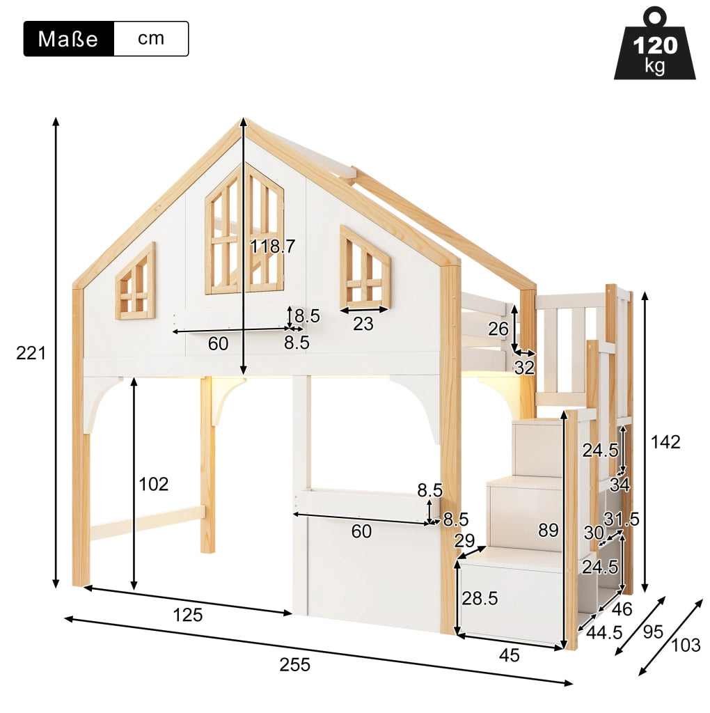 Letto a soppalco per bambini 90x200 cm con scala contenitore e LED