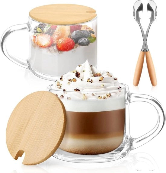Set di 2 Tazze da Caffè 350 ml - Tazze in Vetro con Coperchio e Cucchiaio - Caffè Cappuccino Latte - Yogurt Granola Latte - Set di Caffè di Alta Qualità