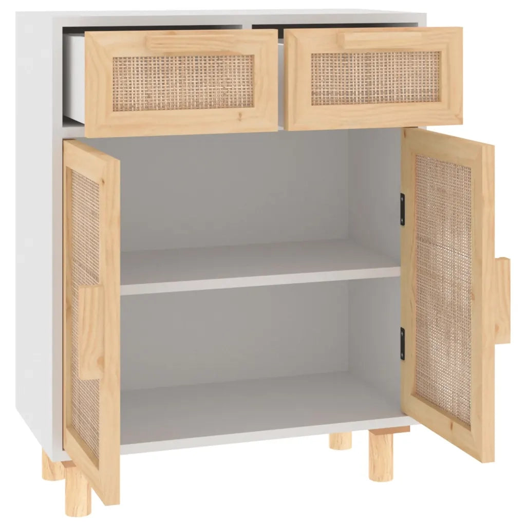 Credenza | Madia | Buffet da pranzo | Armadio da pranzo Bianca 60x30x75 cm Legno Massello Pino Rattan Naturale