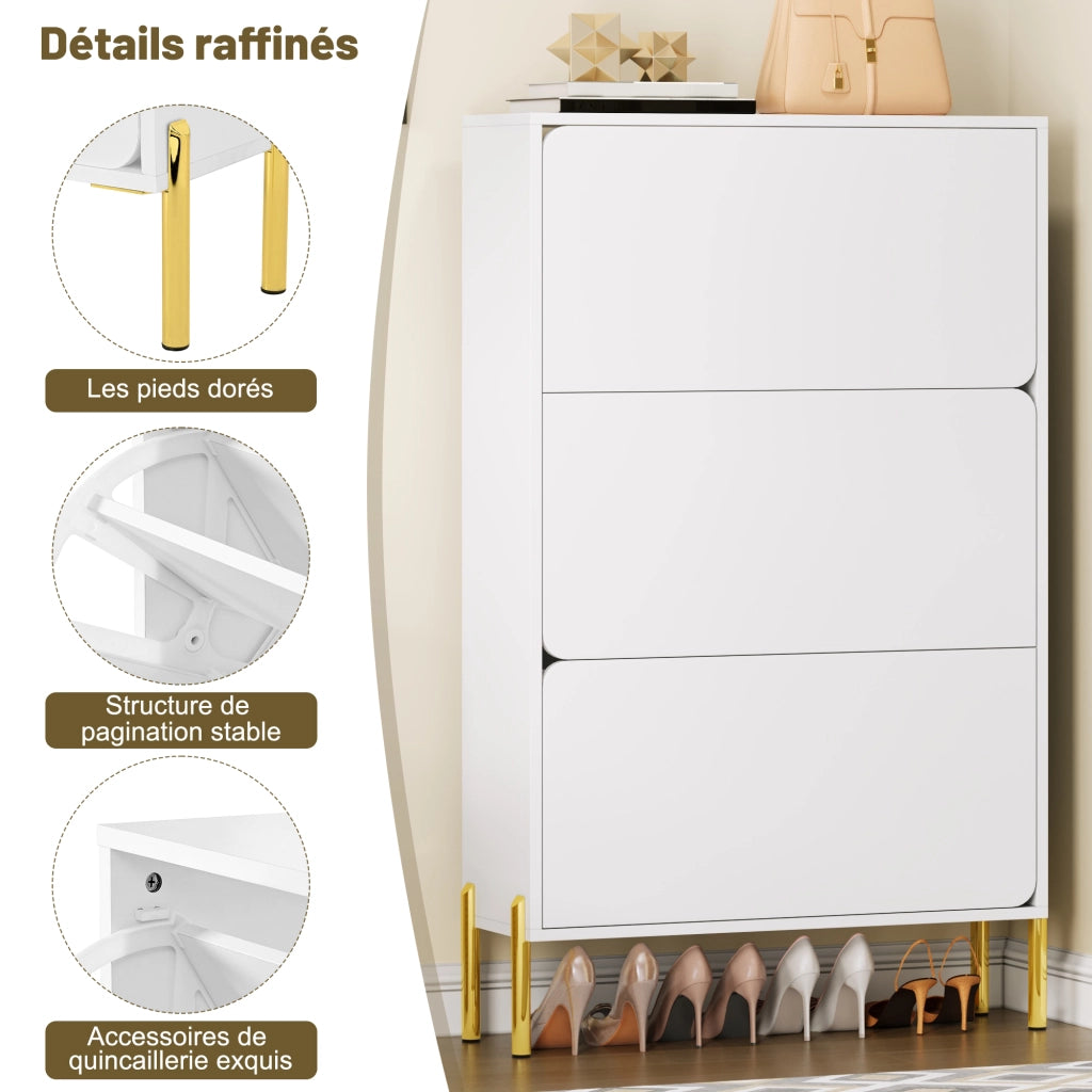 Mobile scarpiera con 3 Ante e ripiani interni; per Ingresso in MDF; 73 × 24 × 120 cm; Bianco