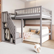 Letto a soppalco in legno massello con scala contenitore e recinzione alta; grigio; 140x200 cm; senza materasso