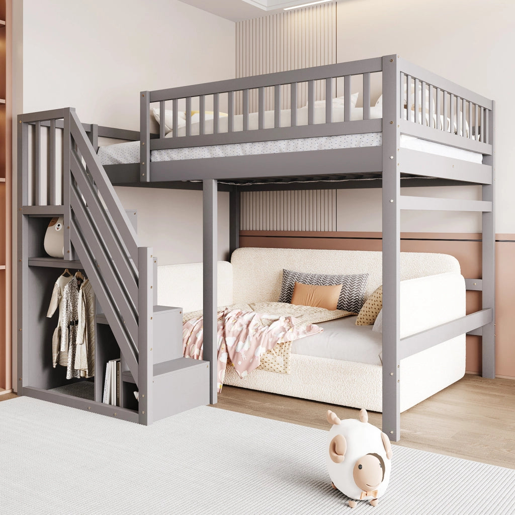 Letto a soppalco in legno massello con scala contenitore e recinzione alta; grigio; 140x200 cm; senza materasso